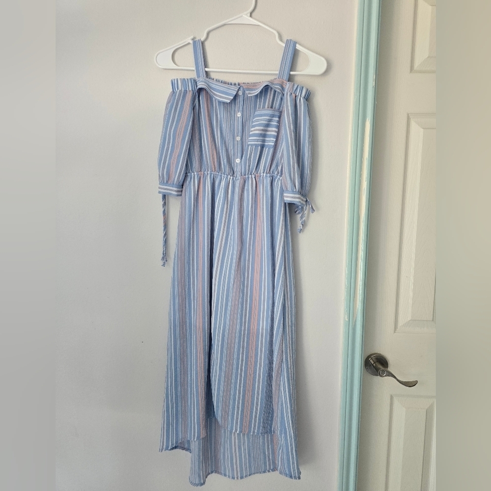 Monteau Girl Striped Blue and Pink Off-Shoulder Kids Dress 10/M
